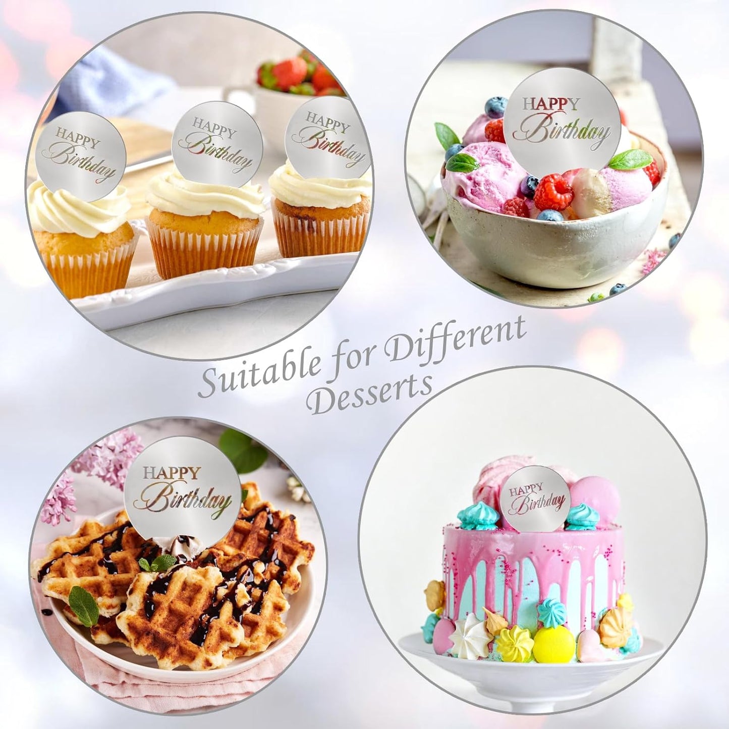 20pcs Gold Mirror Acrylic Happy Birthday Cupcake Toppers Round Engraved Cake Picks Happy Birthday Cake Toppers for DIY Birthday Gift Flower Bouquet Pastries Desserts Decor