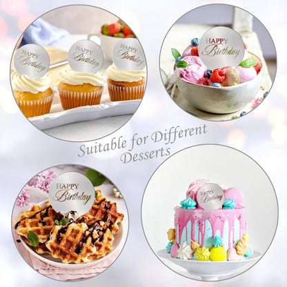 20pcs Gold Mirror Acrylic Happy Birthday Cupcake Toppers Round Engraved Cake Picks Happy Birthday Cake Toppers for DIY Birthday Gift Flower Bouquet Pastries Desserts Decor