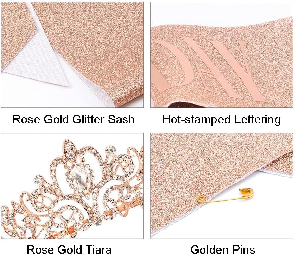 COCIDE Birthday Queen Sash & Rhinestone Tiara Set Gold Happy Birthday Crowns for Women Party Decoration Kit Rhinestone Headband for Women Glitter Crystal Hair Accessories for Cake Topper