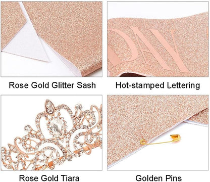 COCIDE Birthday Queen Sash & Rhinestone Tiara Set Gold Happy Birthday Crowns for Women Party Decoration Kit Rhinestone Headband for Women Glitter Crystal Hair Accessories for Cake Topper