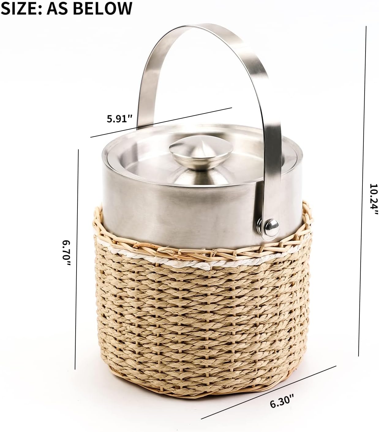 Handwoven 3L Stainless Steel Ice Bucket with Lid and Ice Tongs, Large Insulated Chilling Bucket Handcrafted Wicker Paper Rope for Party Wedding Home Bar Decor