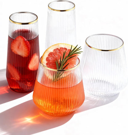 BESTSTAR 48 Pack Disposable Ribbed Origami Ripple Plastic Glasses Set - 24 9 OZ Stemless Champagne Flutes & 24 12OZ Cups, BPA-Free Shatterproof Clear Drinkware for Weddings, Parties & Events (Clear)