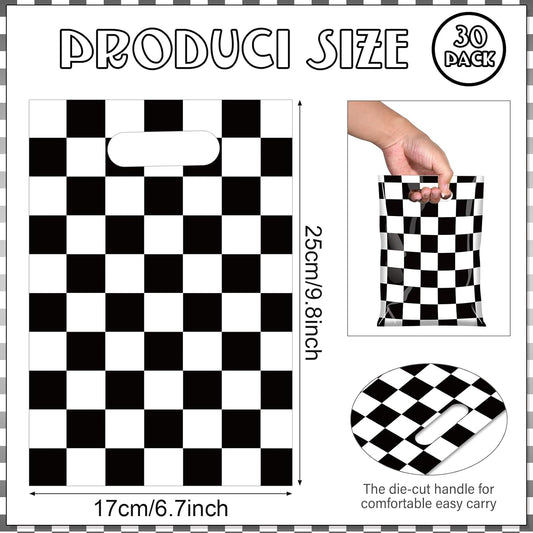 FunnyPars 50 Pcs Iridescent Checkered Race Car Party Favor Bags, Plastic Black and Iridescent Car Goodie Treat Bags, Racecar Laser Plaid Gift Bags for Kids Fast Race Car Birthday Party Decorations