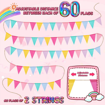 120 Flags/72ft Pennant Banner Flags Garland, Triangle Banner Pennant Flags on a String, Pastel Burlap Pennant Banner Garland Bunting Banner for Outdoor Birthday Party Decorations Pastel