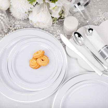 WELLIFE 350-Piece Gold Disposable Plates and Cutlery Set - Premium 10.25" Dinner Plates, 7.5" Dessert Plates, 9oz Cups & Cutlery for Weddings, Catering Events - 50 Guest Service - Elegant & Sturdy
