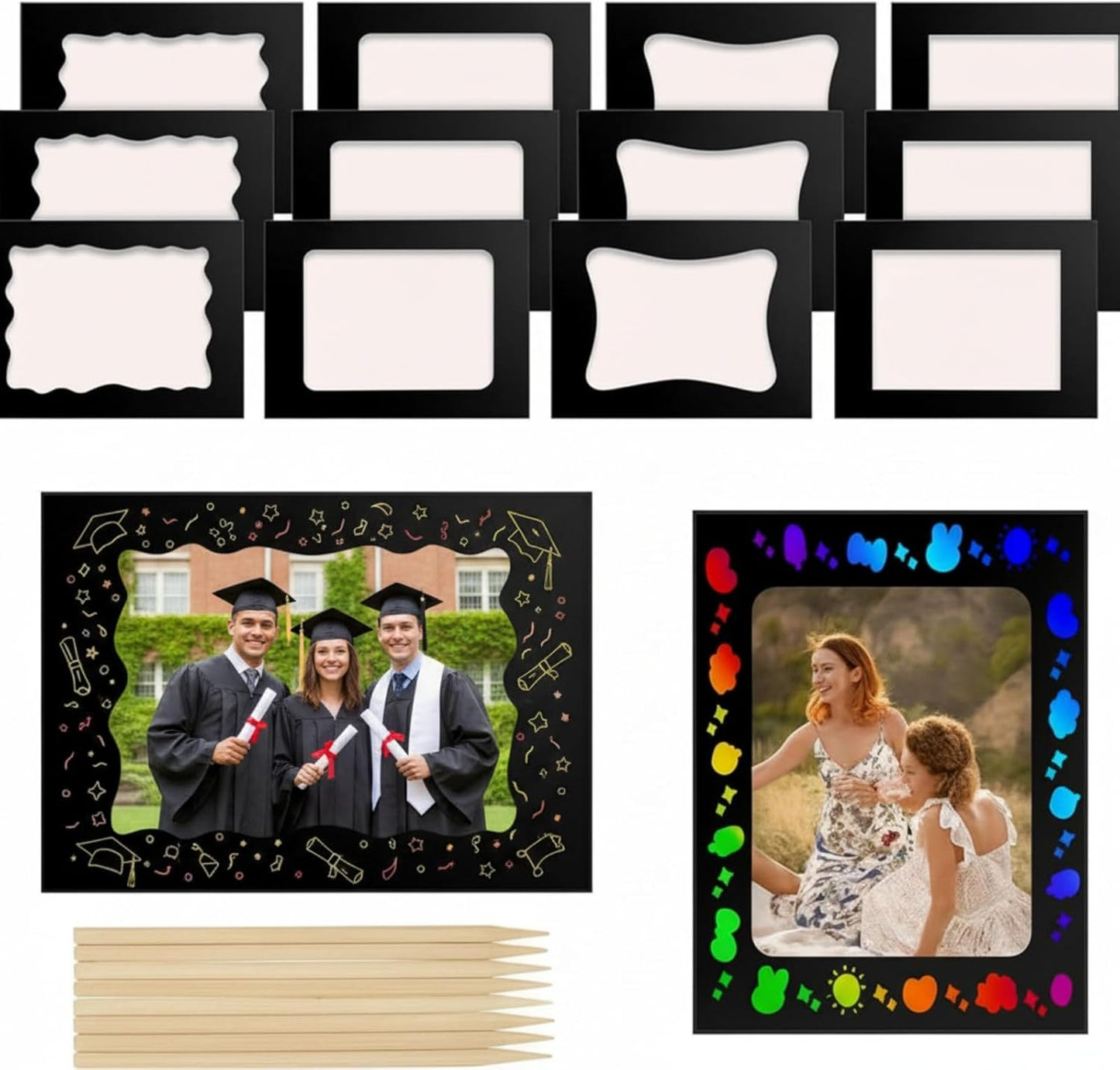 Motipuns 24 Pcs Scratch Picture Frame Craft Kits for Kids DIY Vbs Scratch Paper Photo Frame with Wooden Stylus Back to School 4 x 6 Children Photo Classroom Easter Activities Decor