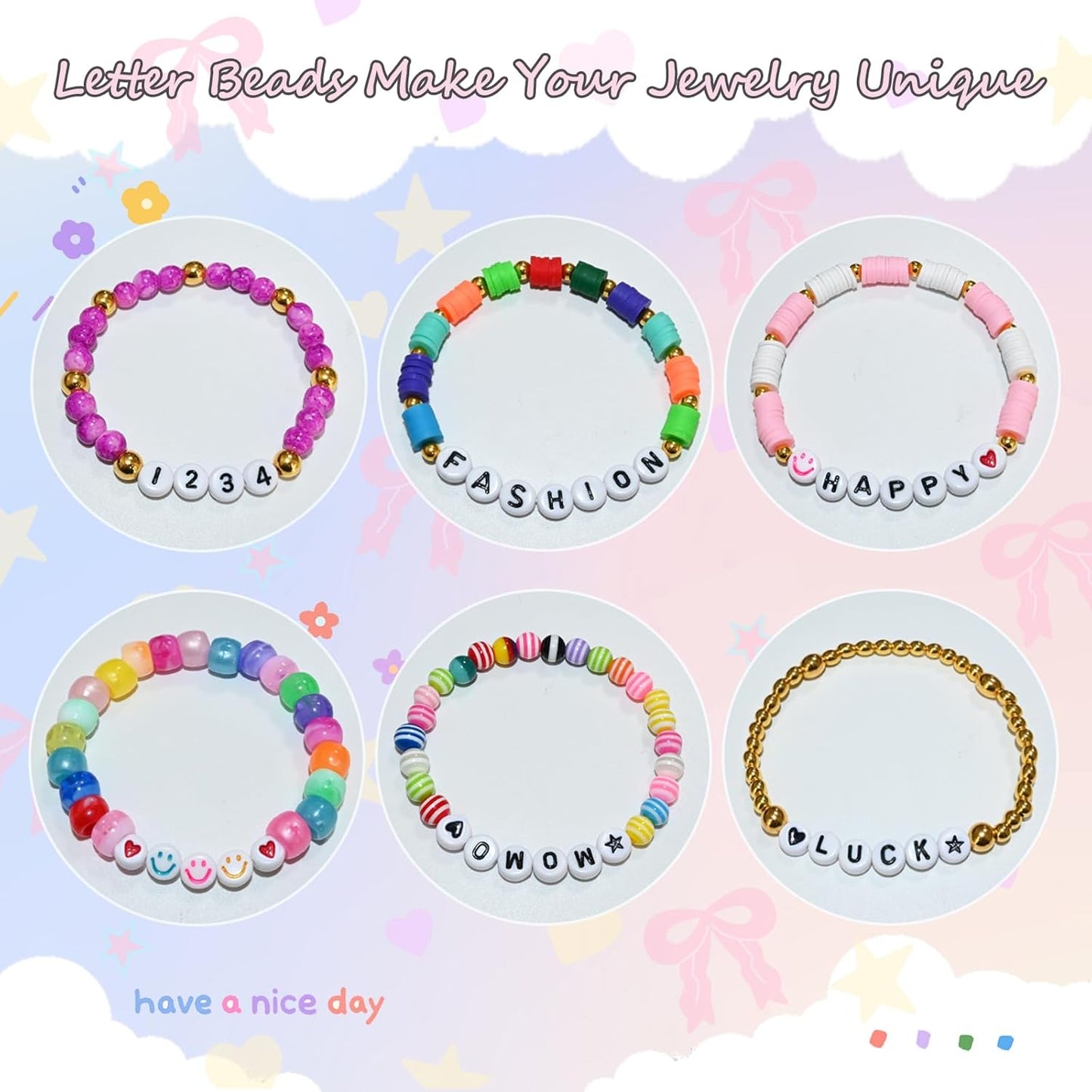 Amaney 1400pcs Glow Letter Beads, Heart Beads Whit Elastic Beading Cord,4x7mm Round Acrylic Alphabet Beads for Friend Bracelet Jewelry Making