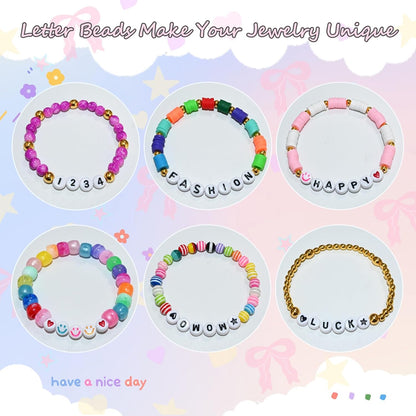 Amaney 1400pcs Glow Letter Beads, Heart Beads Whit Elastic Beading Cord,4x7mm Round Acrylic Alphabet Beads for Friend Bracelet Jewelry Making