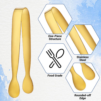 6Pcs Gold Small Tongs for Serving Food, 4 inches Gold Food Tongs Stainless Steel Buffet Tongs Kitchen Tongs, Serving Utensils for Buffet, Salad, Ice, Appetizer, Food for Tea Party Coffee Bar Catering