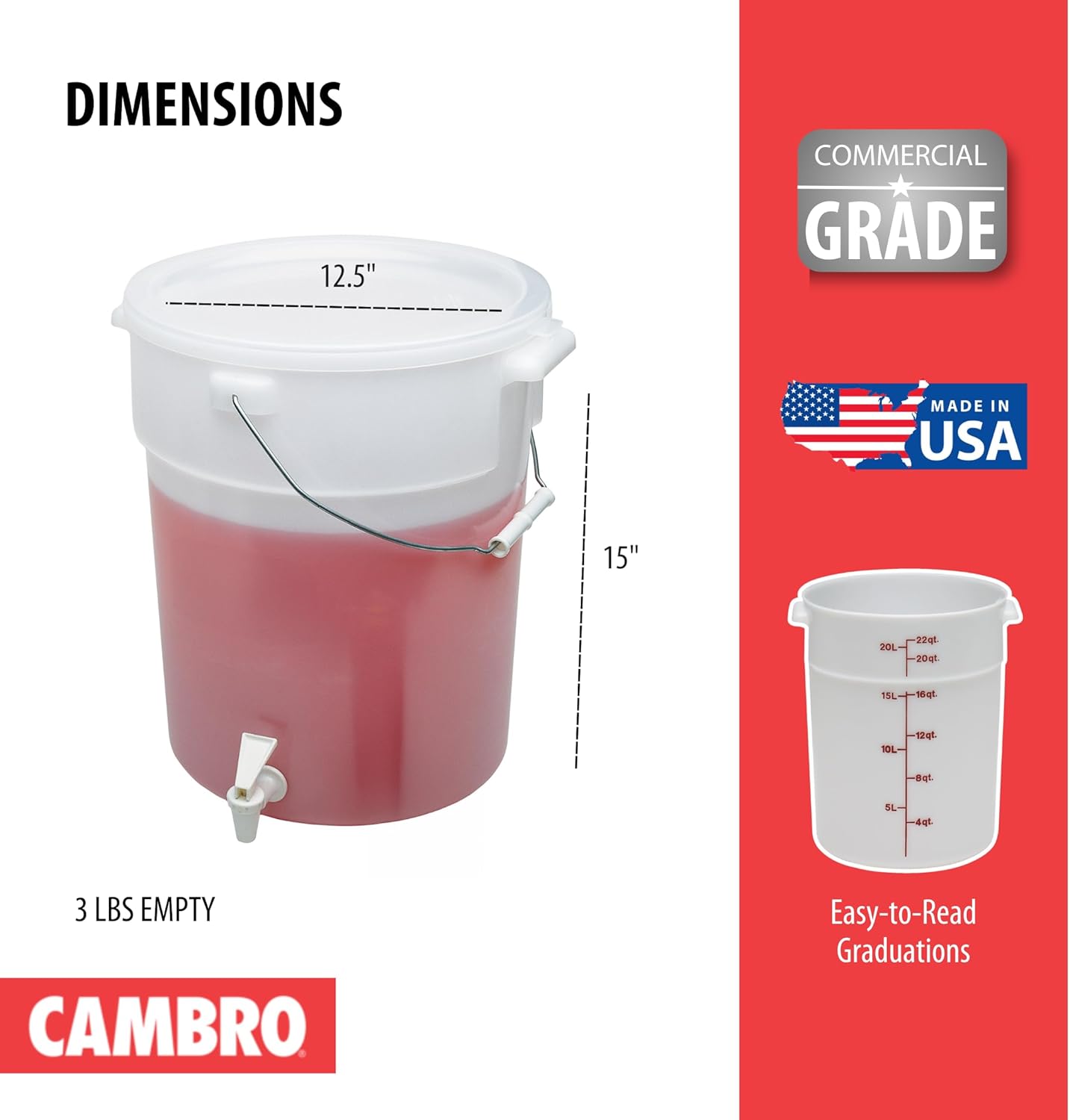 Cambro DSPR6148 SIX-GALLON (22,7 L) BEVERAGE DISPENSER, White, 22 Quart Case of 1