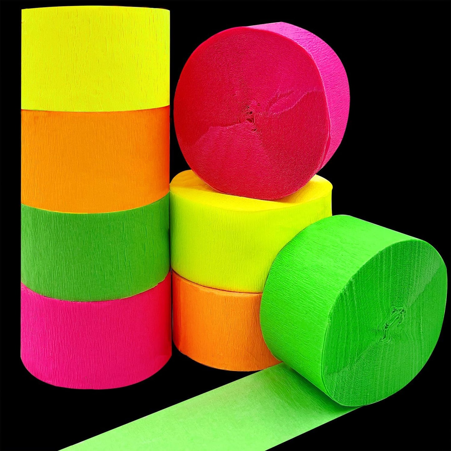 600 feet Glow Crepe Paper Streamers UV Glow Party Neon Streamer Decorations Glow in The Dark Black Light Reactive Fluorescent Neon Paper Party Streamers Wedding Birthday Blacklight Party Supplies