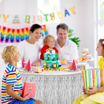 2 Pack 29.5x108 Inch Silver Foil Tinsel Fringe Table Skirts, Disposable Table Skirts for Rectangle Tables Curtains Backdrop Parade Wedding Floats Baby Shower Birthday Mardi Gras Party