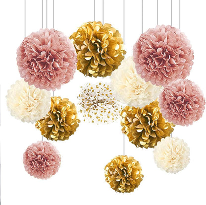 XIKSXITN 12 pc Rose Gold Gradient Tissue Paper Pom poms-Hanging Gold Dot White Paper Pom Poms Paper Flowers Ball for Party Decorative(8&10&12 inch)