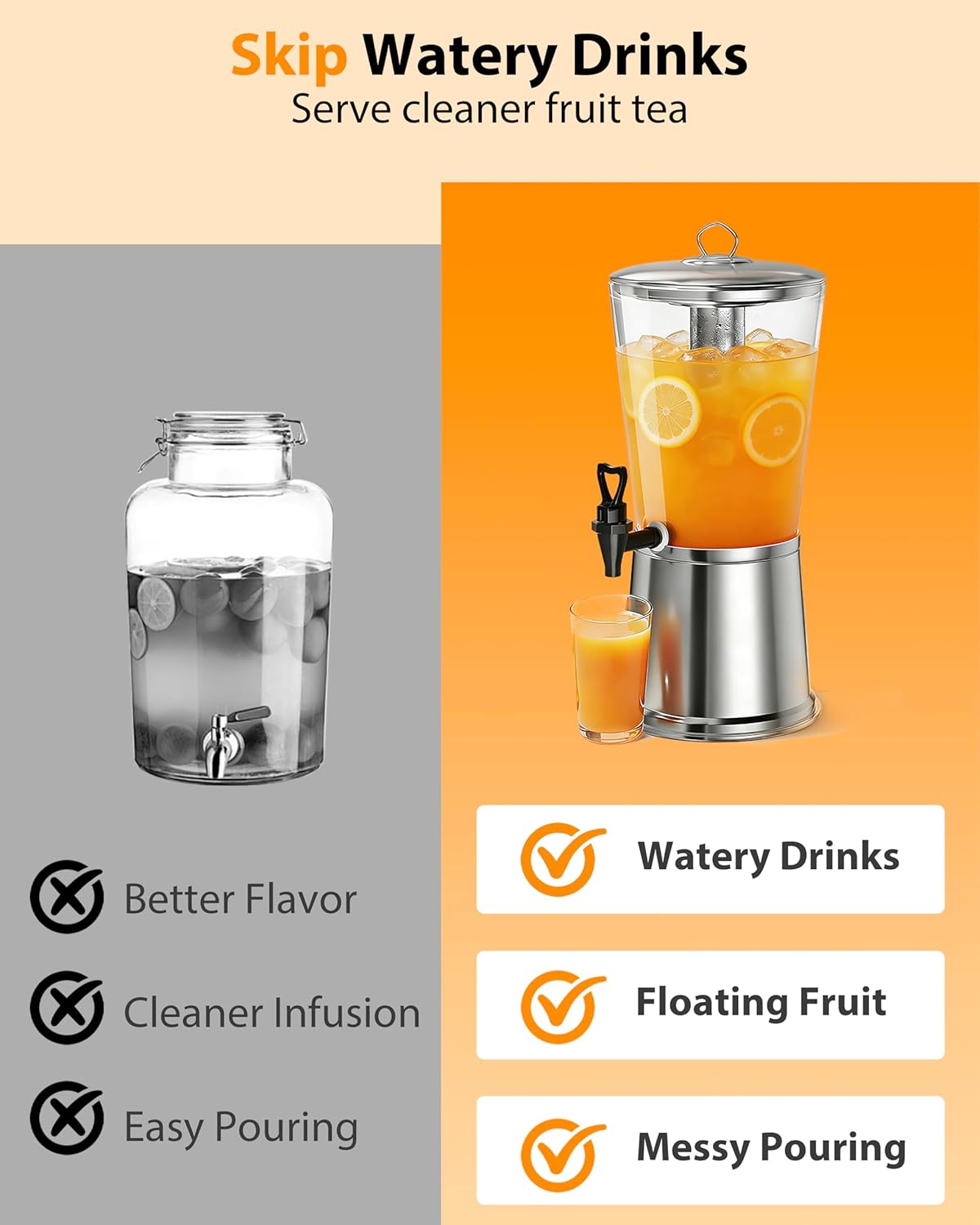 Beverage Dispenser with Stand,2 Gallon Drink Dispenser for Parties,Events,Buffet &Self-Serve,Dual Ice Tube Core Fruit Infuser,Leakproof Spigot,Clear PC Container,Stainless Steel Lid&Base
