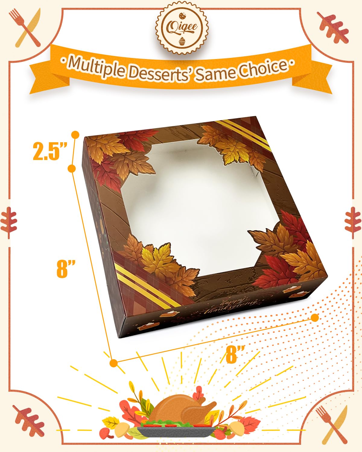 qiqee 8x8x2.5 Inch White Pastry Box With Window Donut Pie Boxes 12pcs Bakery Box (Auto-pop Up)