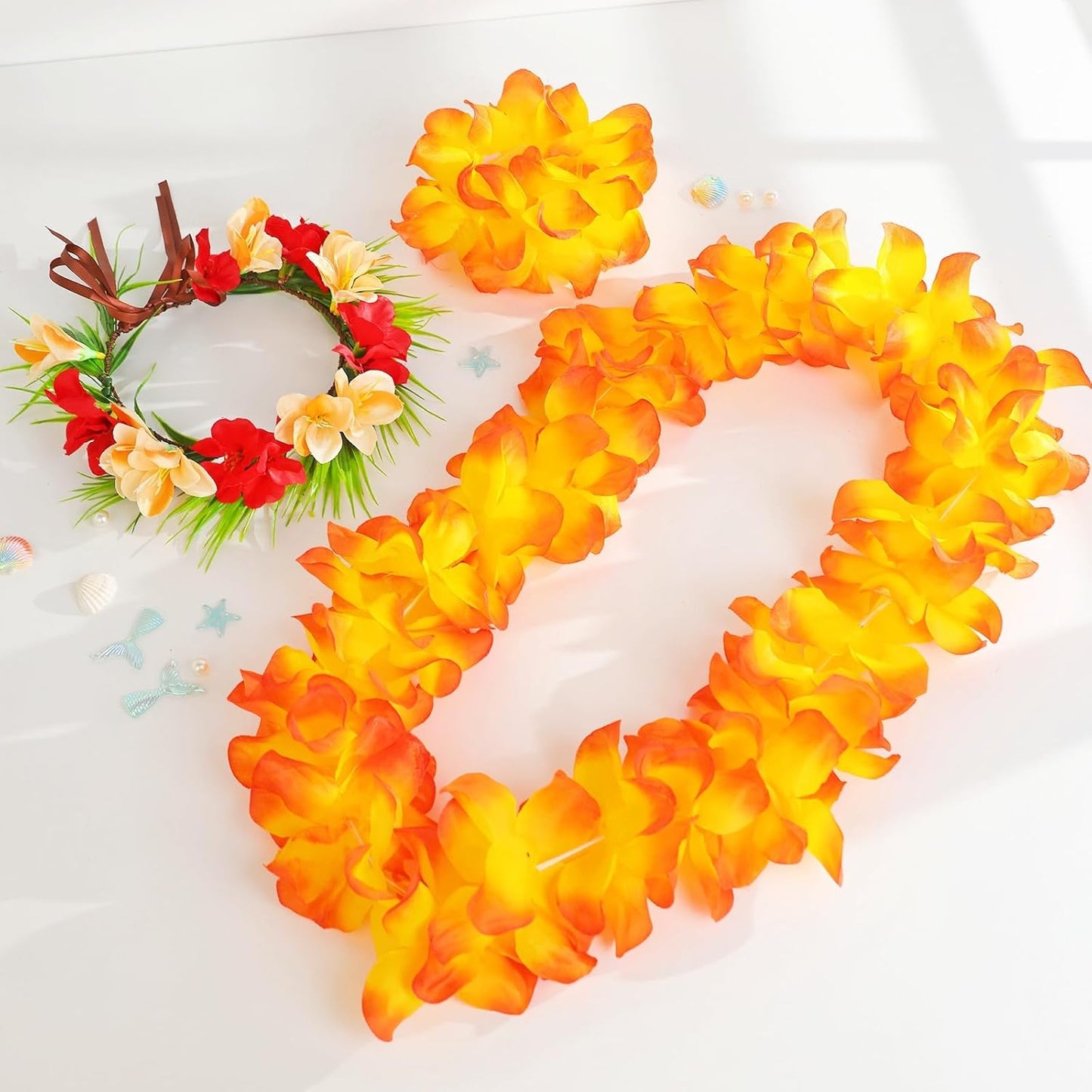 5 PCS Hawaiian Leis Flower Crown Set - Leis for Luau Party Tropical Orange Red Flower Crowns for Women Hawaiian Leis for Adults Flower Headband Summer Beach Hawaiian Party Decorations Accessories