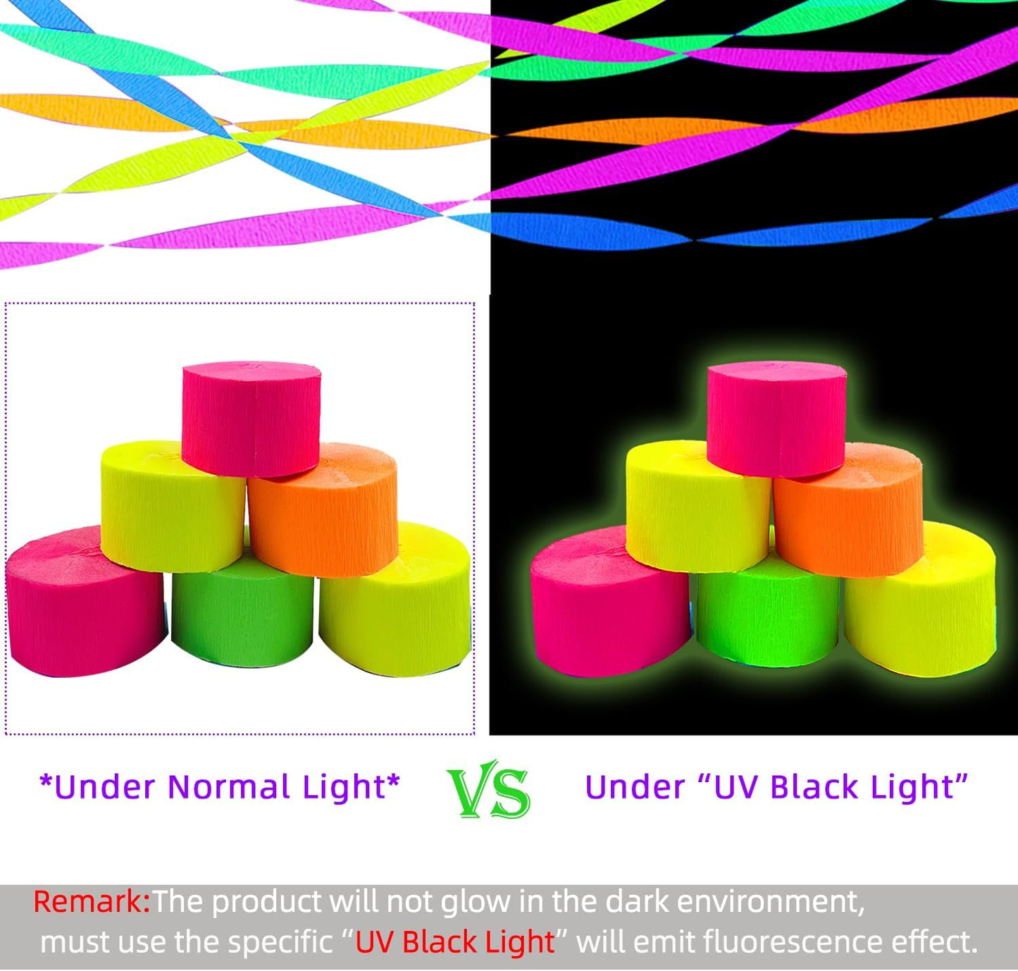 600 feet Glow Crepe Paper Streamers UV Glow Party Neon Streamer Decorations Glow in The Dark Black Light Reactive Fluorescent Neon Paper Party Streamers Wedding Birthday Blacklight Party Supplies