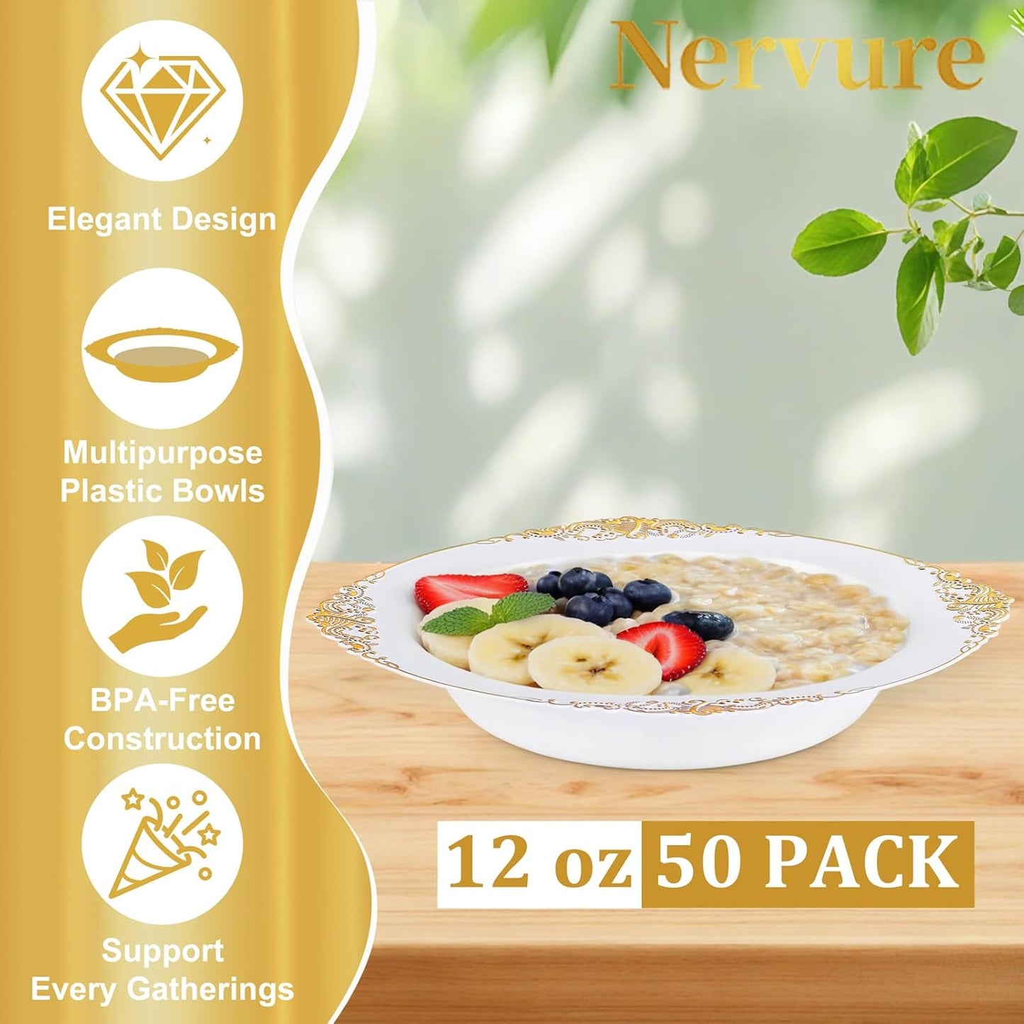Nervure 50 Pack White Plastic Bowls with Gold Rim - 12oz Disposable Soup Bowls - Heavy Duty Dessert Bowl, Salad Bowl Perfect for Weddings, Parties, Mothers Day
