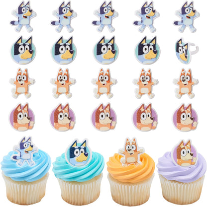 DecoPac Bluey So Much Fun Rings, 24 Cupcake Decorations Featuring Bluey, Bingo, Bandit, and Chilli, 3D Food Safe Cake Toppers – 24 Pack