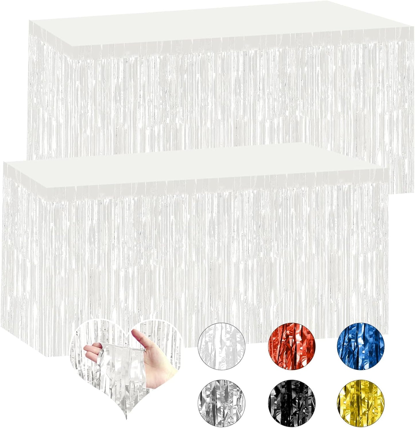 2 Pack 29.5x108 Inch Silver Foil Tinsel Fringe Table Skirts, Disposable Table Skirts for Rectangle Tables Curtains Backdrop Parade Wedding Floats Baby Shower Birthday Mardi Gras Party