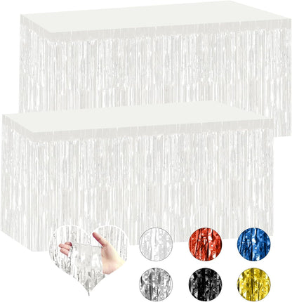 2 Pack 29.5x108 Inch Silver Foil Tinsel Fringe Table Skirts, Disposable Table Skirts for Rectangle Tables Curtains Backdrop Parade Wedding Floats Baby Shower Birthday Mardi Gras Party