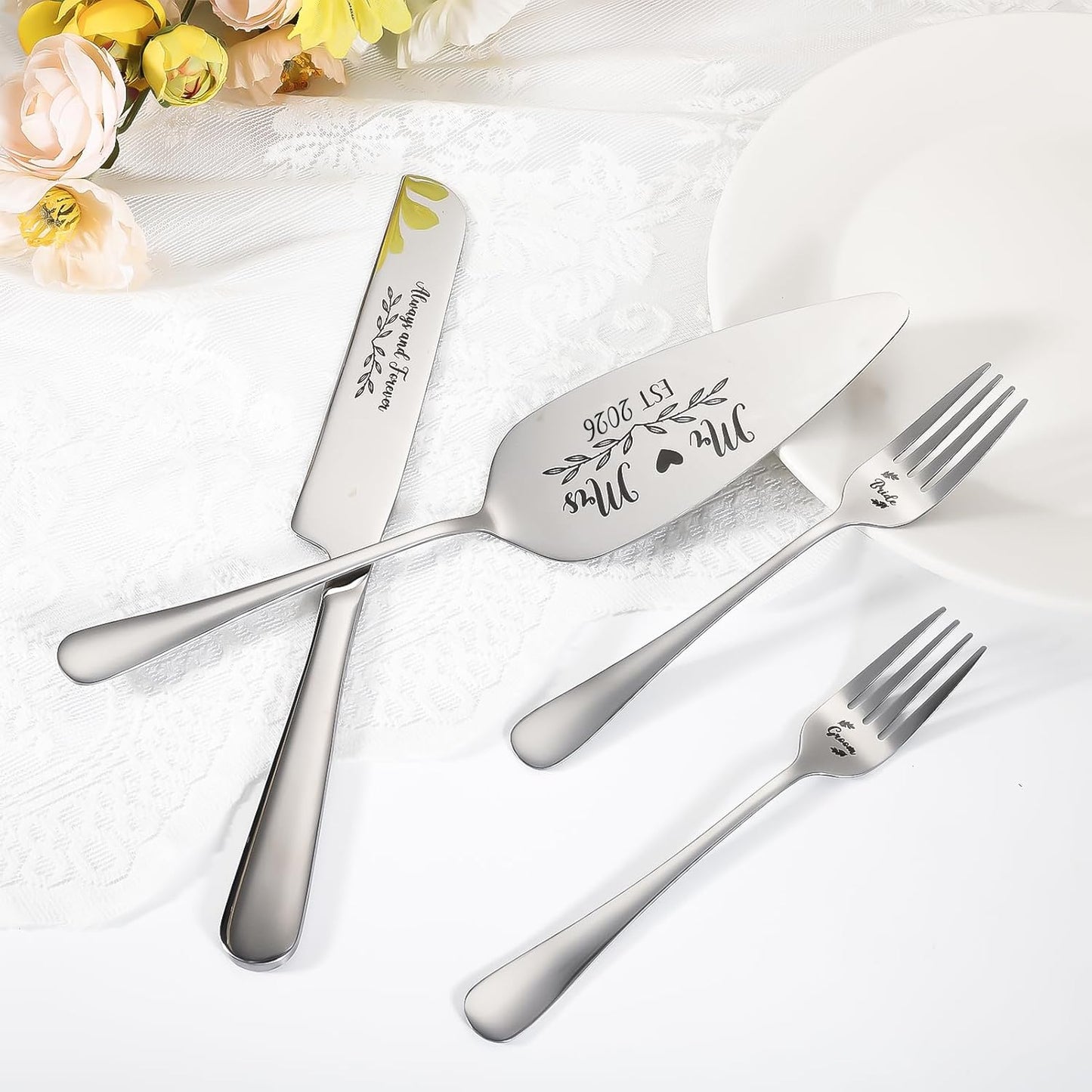 Wedding Cake Knife and Server Set, 4 Pack Stainless Steel Cake Cutting Knife, Slicer and Forks Server for Wedding, Anniversary, Birthday(Silvery)