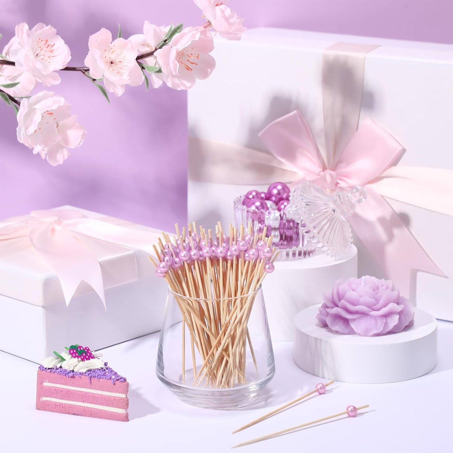 Reallnaive 600 Pcs Cocktail Pick Pearl Fancy Toothpick for Appetizer 4.7 Inch Long Skewer for Drink Fruit Food Bamboo Stick Wedding Bridal Shower Decoration Charcuterie Accessories (White)