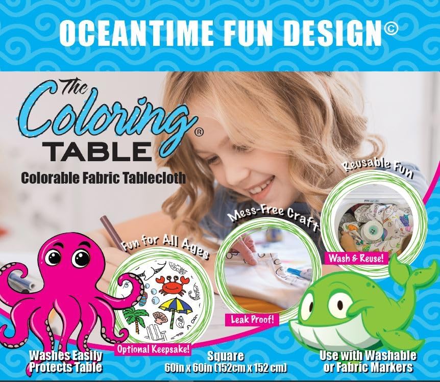 Animal Fun Design – Square Tablecloth 60”X60” – Interactive Coloring Tablecloth for Kids - Poly/Cotton Fabric – Washable and Reusable – DIY Activity for Children and Adults