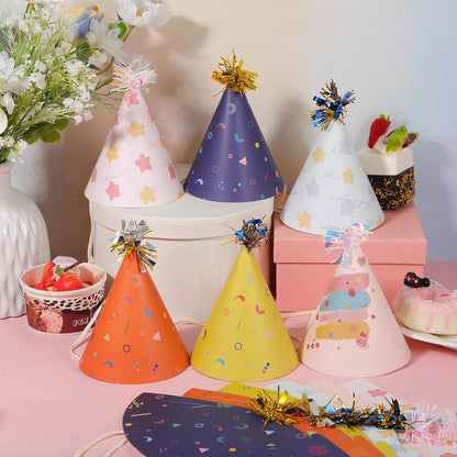12 PCS Party Hats, Birthday Paper Cone Hat with Glitter Pompoms, Paper Party Headwear for Adults Kids Celebration