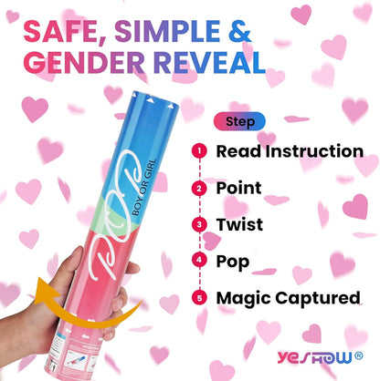 Gender Reveal Confetti Poppers, Blue Confetti Cannon 2 Pack with Heart Shaped Party Confetti for Baby Shower, Birthday, Gender Reveal Party Supplies - 12 inch