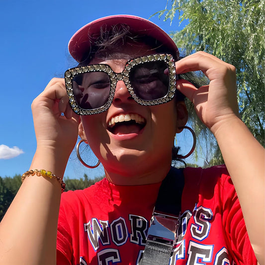 SUNOVELTIES Women Sparkling Crystal Sunglasses Colored Oversize Disco Glitter Square Frame Glasses Funky 70s Accessories