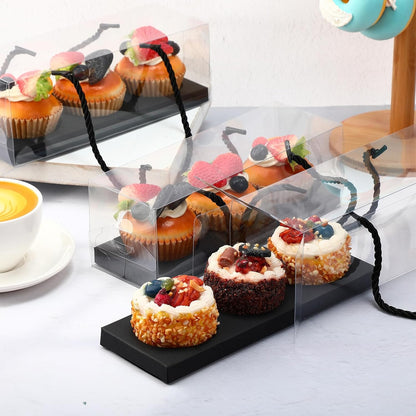 Thenshop 20 Pcs 9 x 3 x 3 Inch Clear Cupcake Boxes with Handle and Inserts 3 Count Portable Pastry Packaging for Cupcakes Carrier Muffin Bakery Containers Mothers Day Wedding Party(Brown)