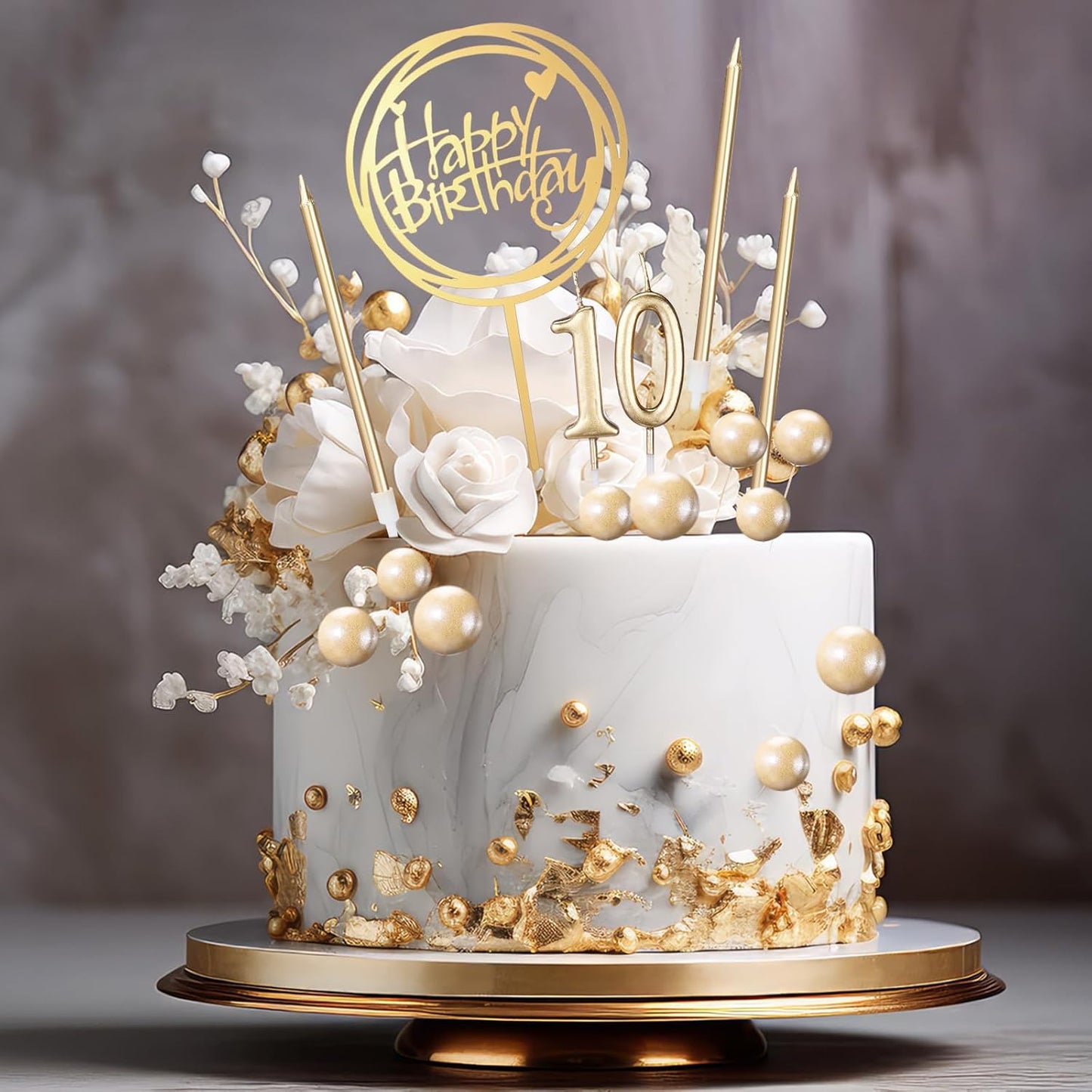 Yerliker 34 Pcs Happy Birthday Cake Toppers Decorations Birthday Candles DIY Cake Decor for Men Women Wedding Anniversary(Gold)