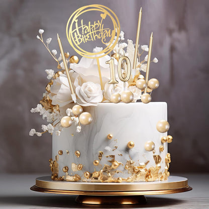 Yerliker 34 Pcs Happy Birthday Cake Toppers Decorations Birthday Candles DIY Cake Decor for Men Women Wedding Anniversary(Gold)