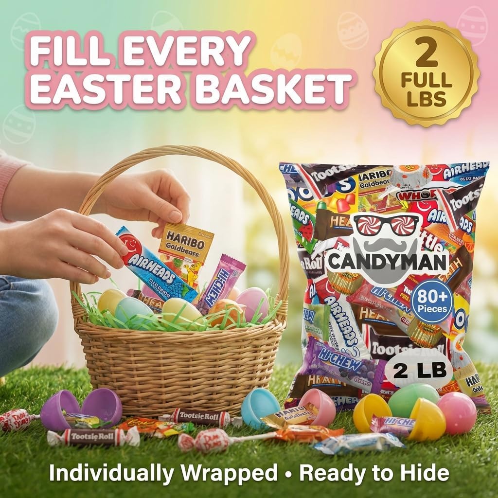 CANDYMAN Bulk Candy Variety Pack - 80+ Pieces, 2 LB Individually Wrapped Chocolate & Candy Mix, Father's Day, Fillers, Piñata Stuffers, Party Favors, Goodie Bags, Father's Day, Ship with Ice