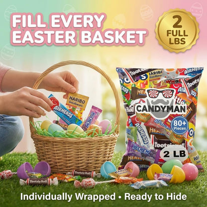 CANDYMAN Bulk Candy Variety Pack - 80+ Pieces, 2 LB Individually Wrapped Chocolate & Candy Mix, Father's Day, Fillers, Piñata Stuffers, Party Favors, Goodie Bags, Father's Day, Ship with Ice