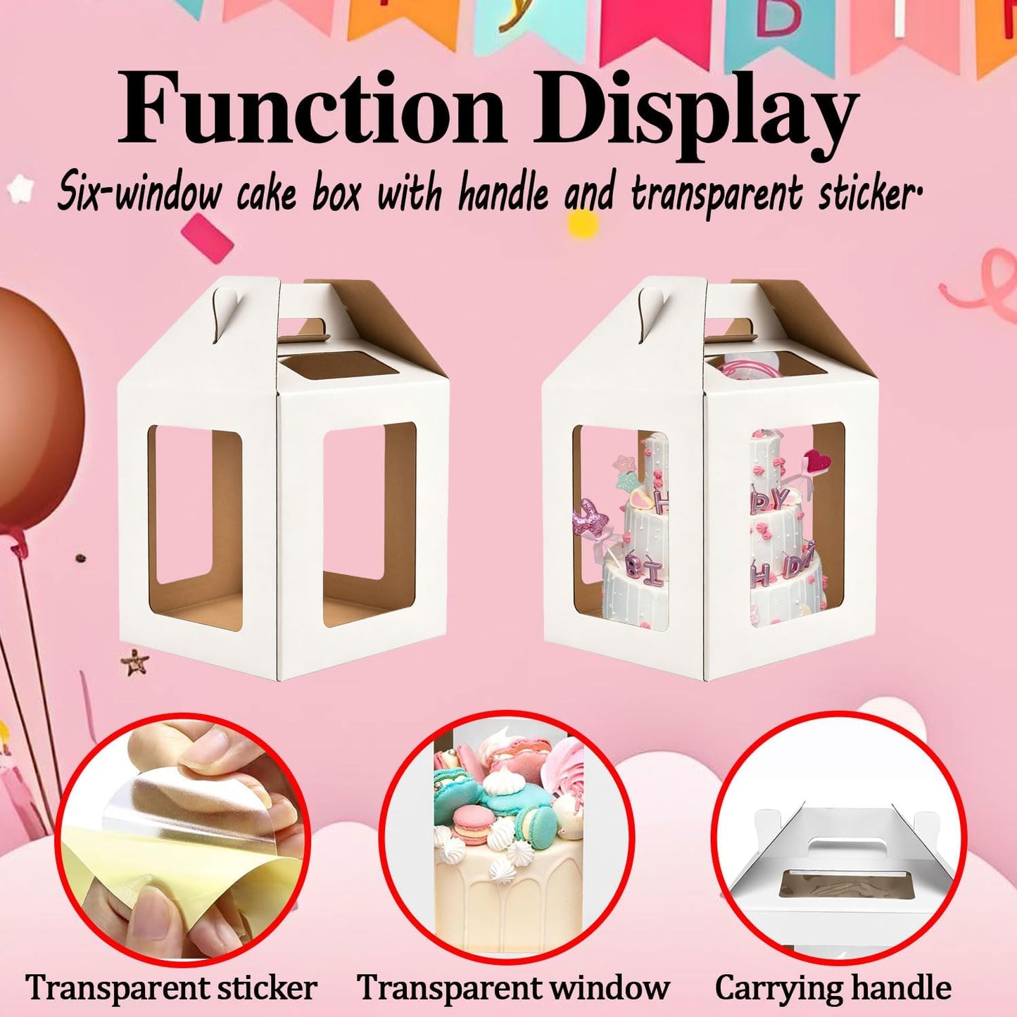 Cake Boxes - 2 Pack Tall Cake Box 10x10x12 Inch Disposable Layer Carrier with 6 Window Large Tierd Cake Out Transport Containers with Handle for Wedding, Birthday, Party