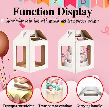 Cake Boxes - 2 Pack Tall Cake Box 10x10x12 Inch Disposable Layer Carrier with 6 Window Large Tierd Cake Out Transport Containers with Handle for Wedding, Birthday, Party