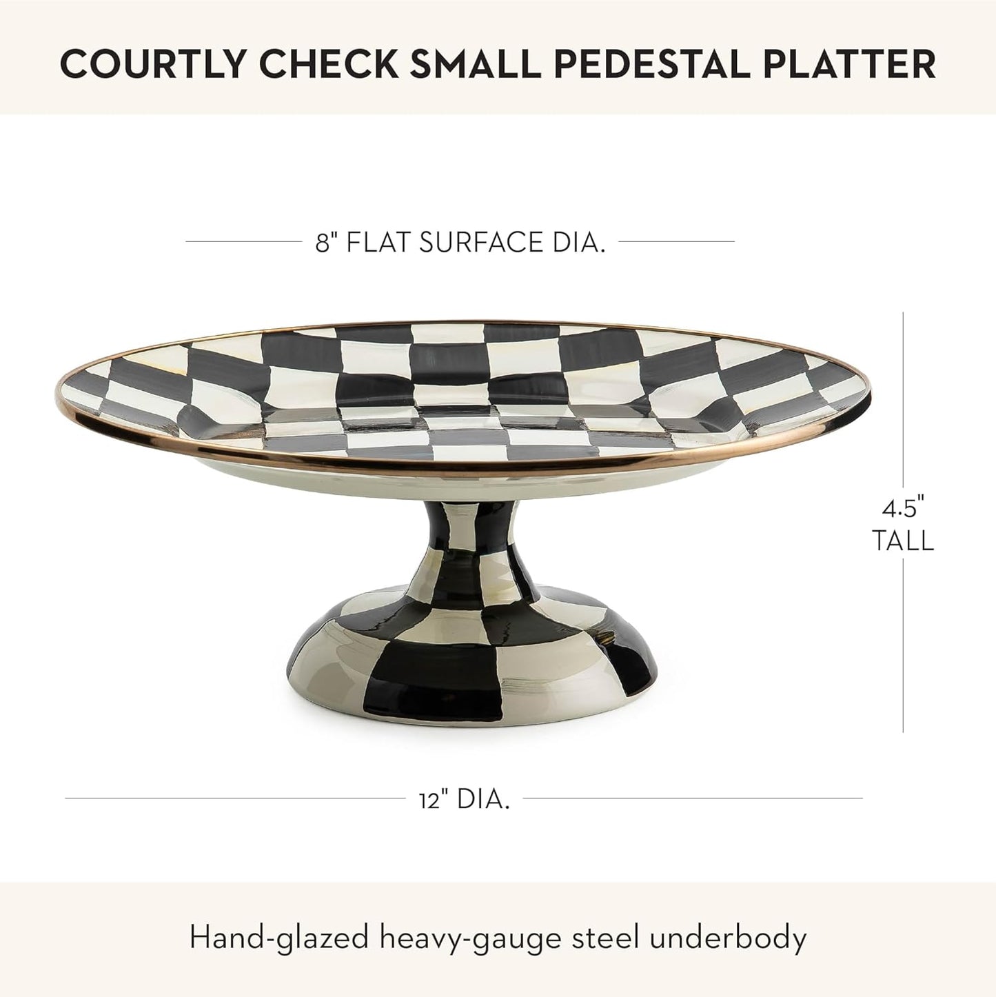 MACKENZIE-CHILDS Enamel Pedestal Platter, Round Cake Stand, Large, Black-and-White Courtly Check