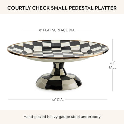 MACKENZIE-CHILDS Enamel Pedestal Platter, Round Cake Stand, Large, Black-and-White Courtly Check