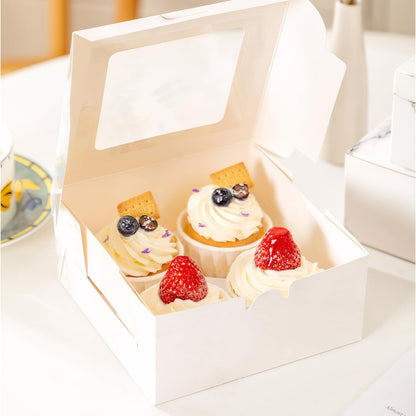 MUMULULU 8 PCS White Paper Cupcake Boxes with 4 Cavity Cookie Gift Boxes with Clear Window 4 Treat Holder Cupcake Containers Bakery Cake Box for Birthday Party Bakery Supplies
