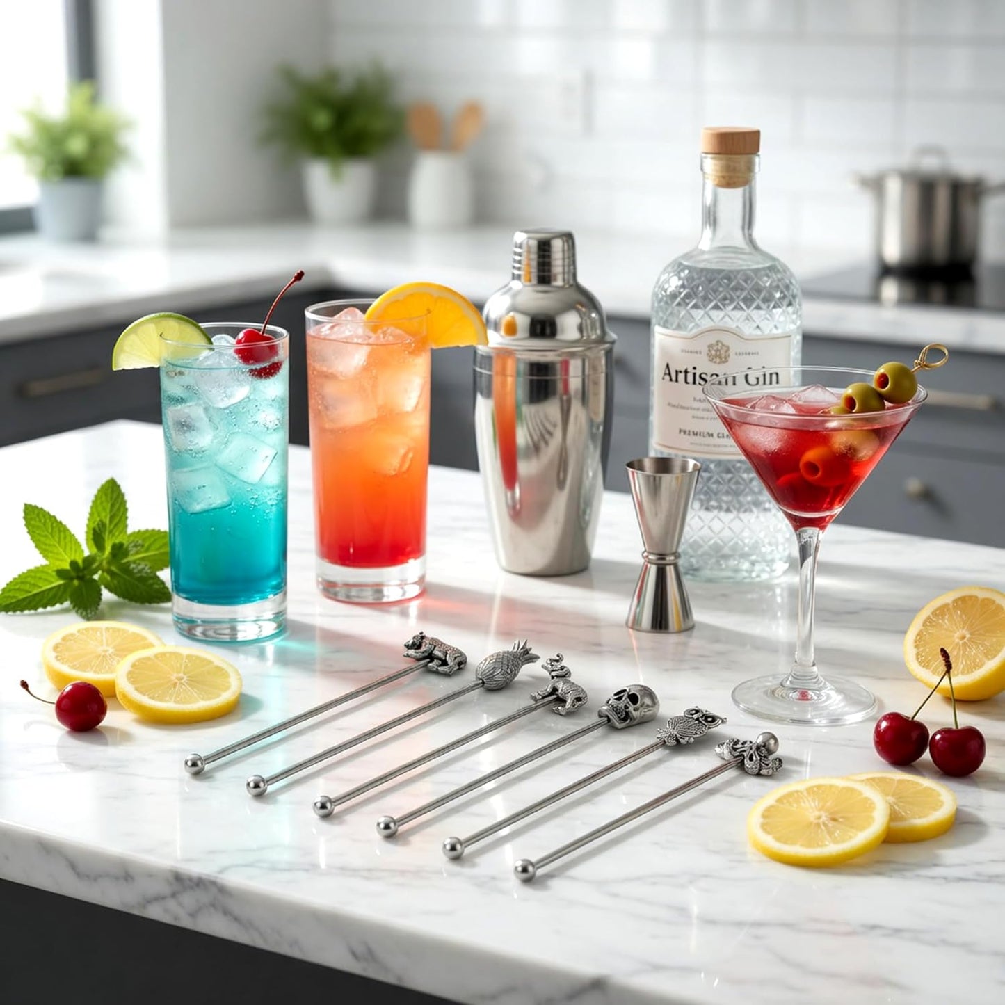 Homestia 7.5" Stainless Steel Cocktail Stirrers with Cute Animal Design, Set of 6 Reusable Swizzle Sticks for Coffee, Martini, Drinks - Dishwasher Safe Metal Bar Tools Stir Sticks