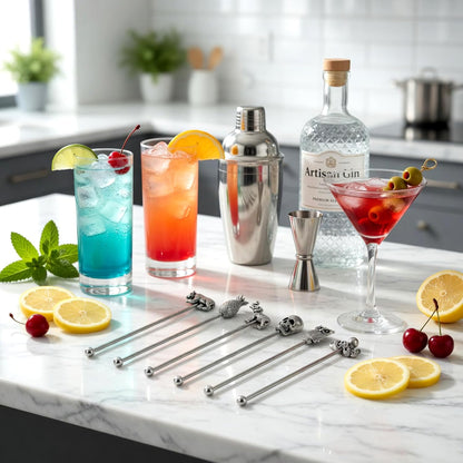 Homestia 7.5" Stainless Steel Cocktail Stirrers with Cute Animal Design, Set of 6 Reusable Swizzle Sticks for Coffee, Martini, Drinks - Dishwasher Safe Metal Bar Tools Stir Sticks