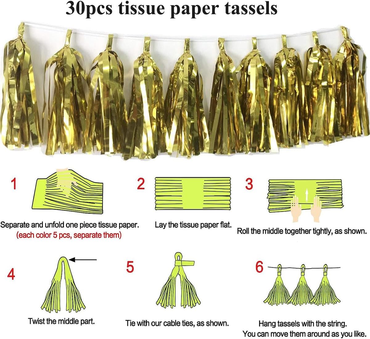30pcs Paper Tassels Garland Banner Tissue Paper Tassel DIY Hanging Paper Decorations Party Tassel Garland Decor Baby Shower Nursery Wedding Festival Baby Shower Decoration(30, White)