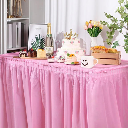 Oudain 6 Pcs Plastic Table Skirts and Stainproof Table Cloths 54 x 108 in Plastic Ruffle Tablecloth 168 x 29 Inches Disposable for Wedding Baby Shower Valentine Spring Easter Party(White)