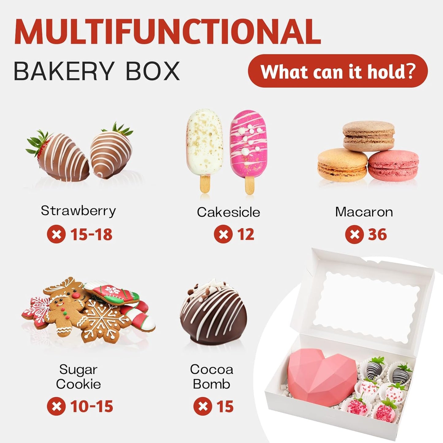 ZORRITA 30 Pack Auto Pop-up Cookie Boxes with Window, 12" x 8" x 2.5" White Bakery Boxes Treat Boxes for Chocolate Covered Strawberries, Breakable Heart, Sugar Cookies, Cake Pops, Donuts, Pastries