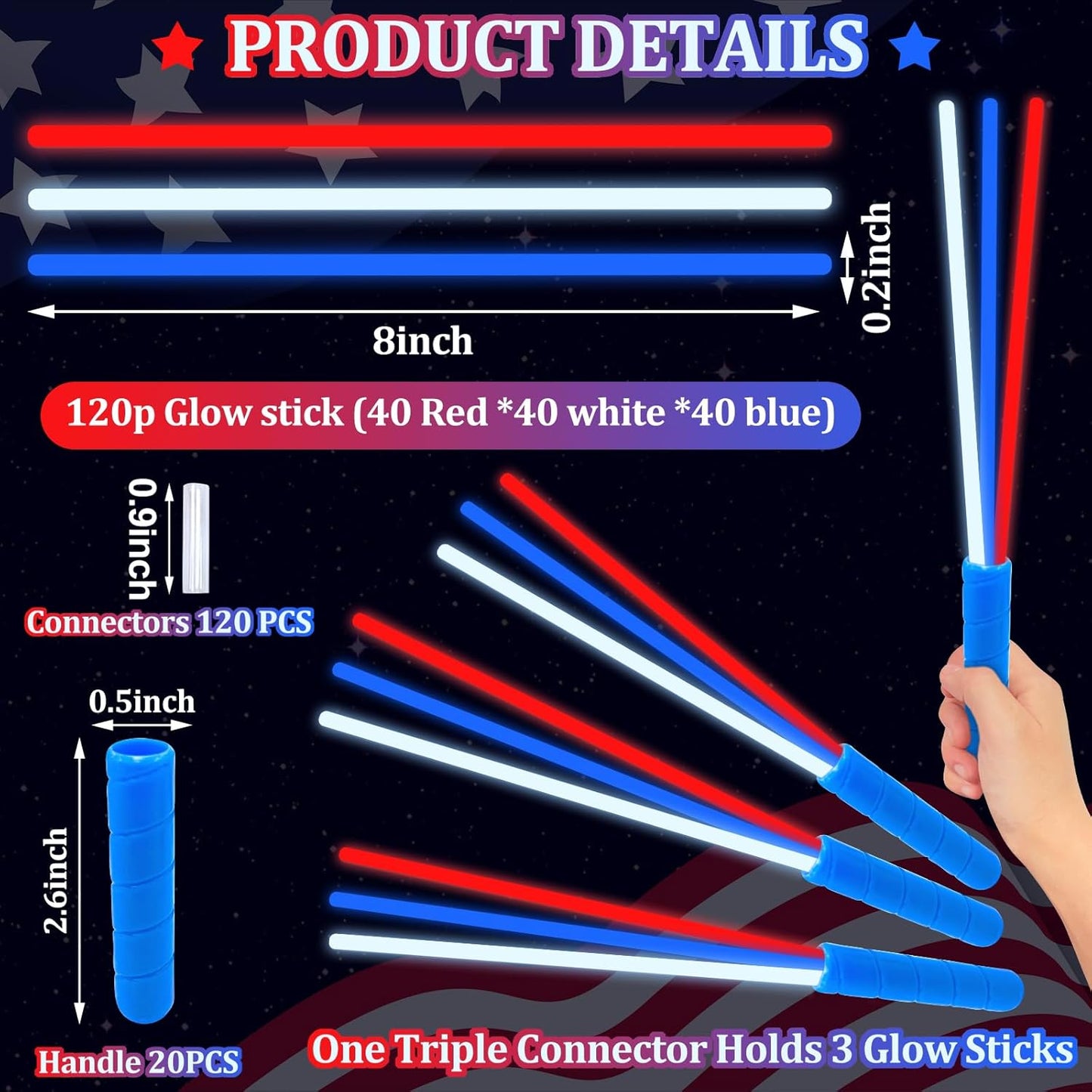 100 Pcs 4th of July Party Favors Glow Sticks with Connectors,Patriotic Glow Stick Red White Blue 3 in 1 Glow Bracelets and Necklaces 4th of July Accessories for Independence Day 250th Anniversary