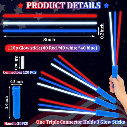 100 Pcs 4th of July Party Favors Glow Sticks with Connectors,Patriotic Glow Stick Red White Blue 3 in 1 Glow Bracelets and Necklaces 4th of July Accessories for Independence Day 250th Anniversary