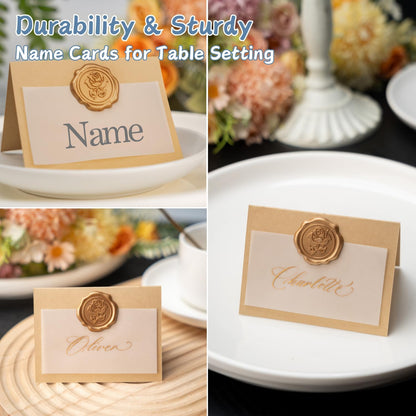 25 Pack Name Cards for Table Setting, Printable Place Cards with Antique Gold Rose Wax Seal Sticker for Wedding, Table Tent Card Stock Decor for Party, Dinner, Home(Pearlized Champagne Gold)