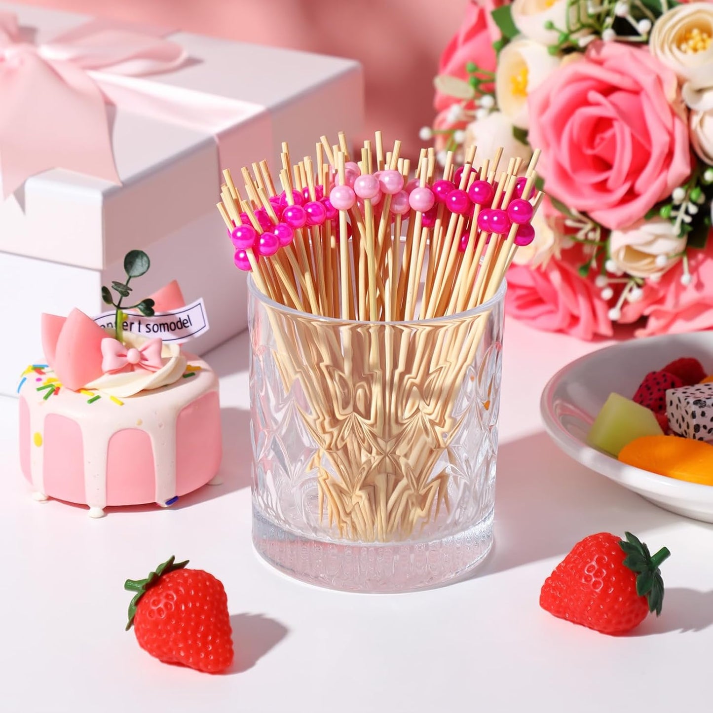 Reallnaive 600 Pcs Cocktail Pick Pearl Fancy Toothpick for Appetizer 4.7 Inch Long Skewer for Drink Fruit Food Bamboo Stick Wedding Bridal Shower Decoration Charcuterie Accessories (White)